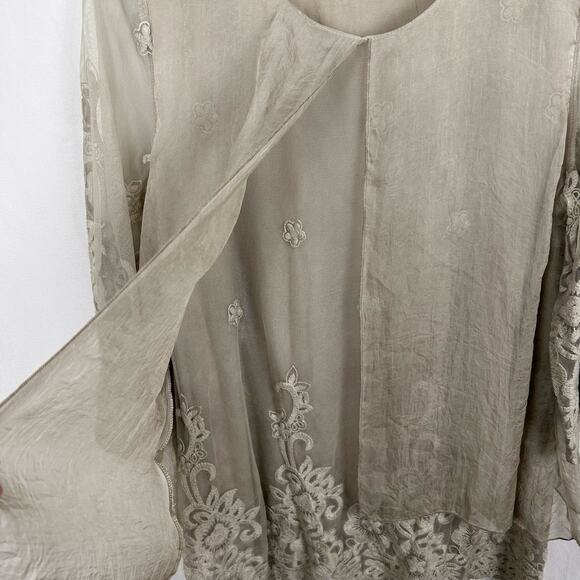 Feratelli Women's Top L Beige Embroidered Floral Layered Mesh Lace Lagenlook - Picture 4 of 9